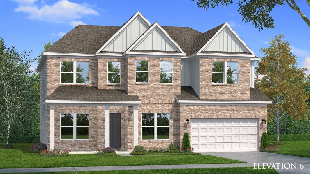 Exterior rendering of home with brick exterior, siding accents, and covered front porch