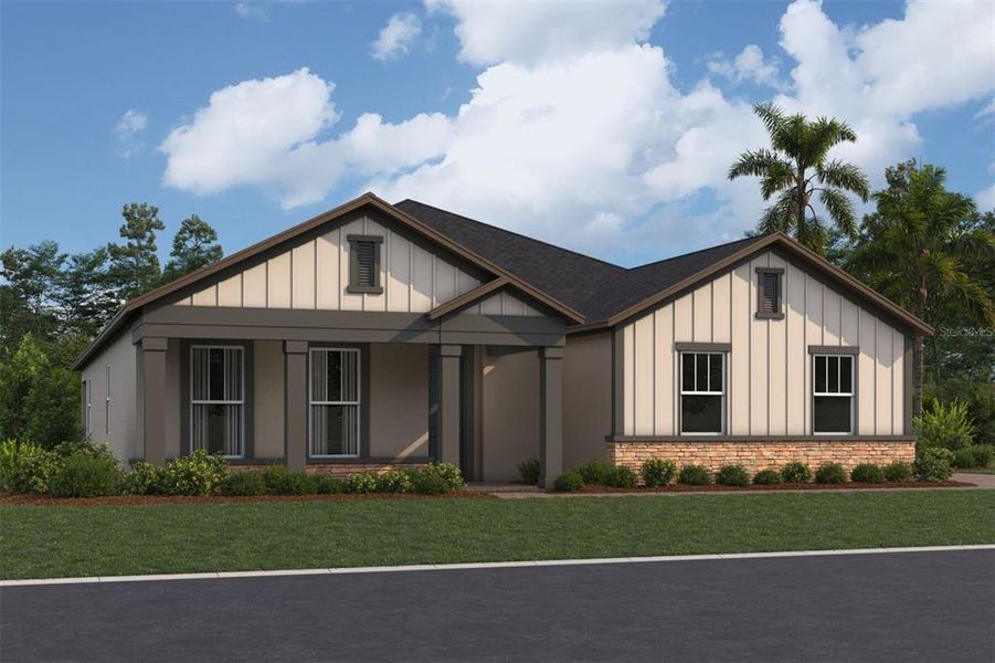 Front exterior of a new home in Solace at Corner Lake, Orlando, FL, highlighting curb appeal (Image 2).