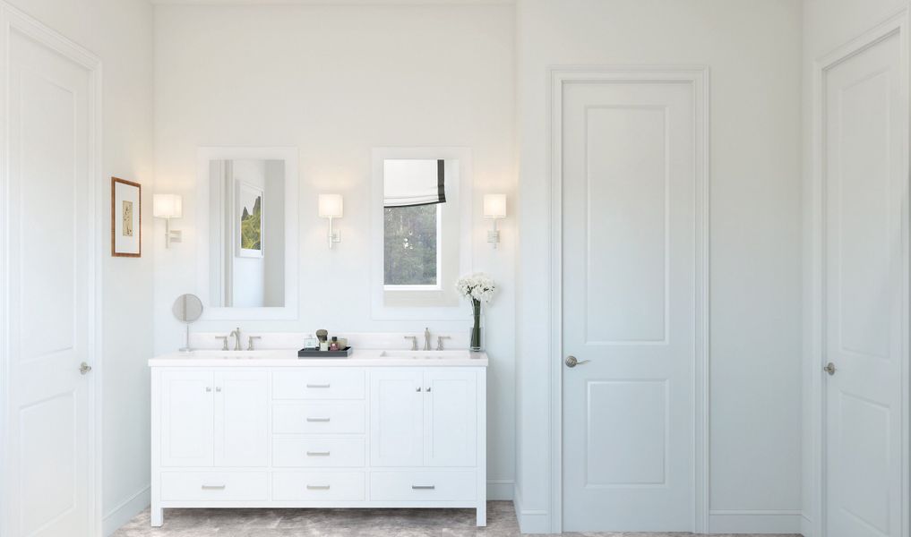 White freestanding vanity in primary bath