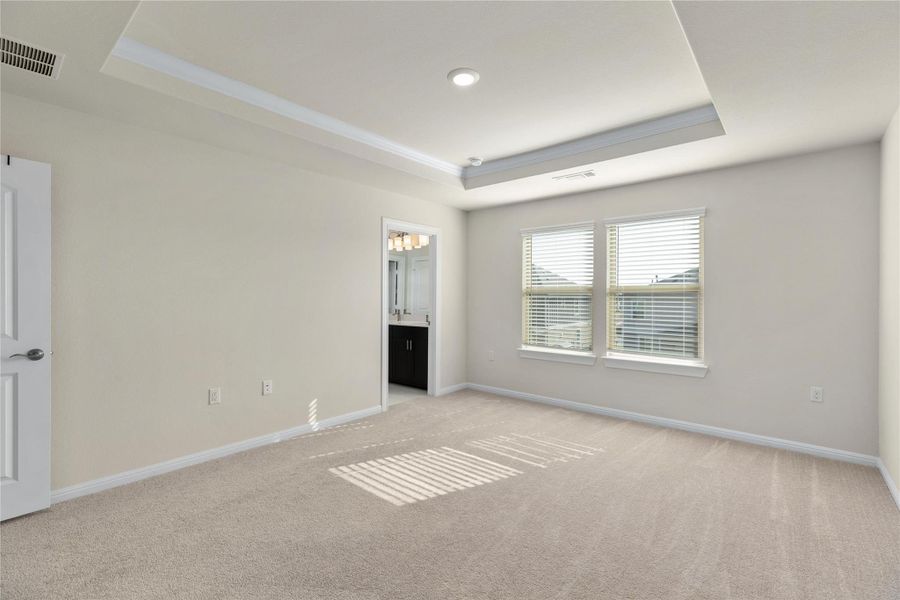 Unfurnished bedroom featuring a raised ceiling, light carpet, connected bathroom, and ornamental molding