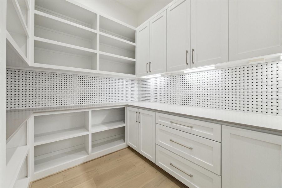 Spacius pantry with multiple cabinets, long counters + undercounter lights Spacius pantry with multiple cabinets, long counters + undercounter lights