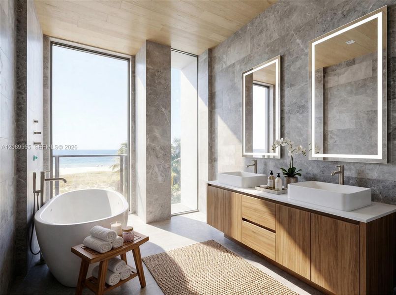 Rendering, virtually staged. Primary bath. Rendering, virtually staged. Primary bath.