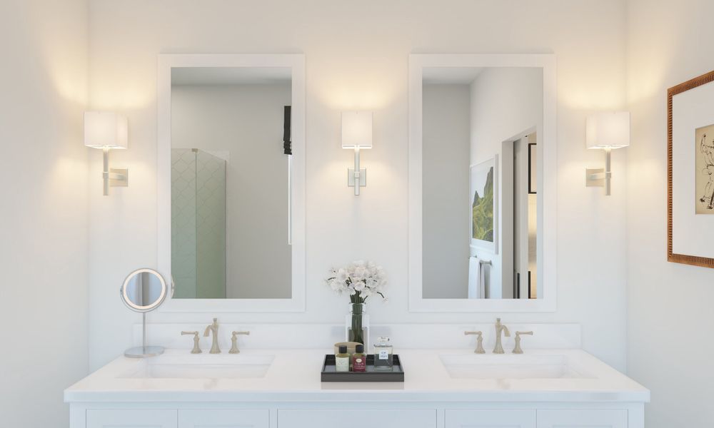 Primary bath with dual sinks and brushed nickel fixtures