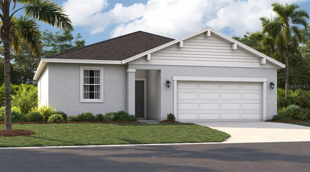Front exterior of a new home in Sunset Lakes Estates, Mascotte, FL, highlighting curb appeal (Image 1).