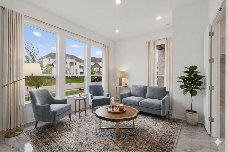 Virtually Staged- Expansive living area featuring large windows with white trim, recessed lighting, and tile flooring
