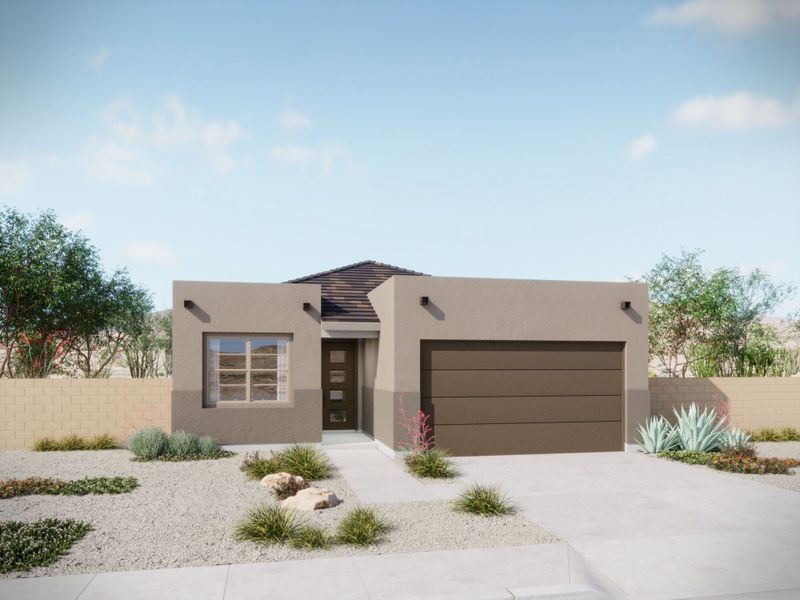 Front exterior of a new home in Silverbell Ridge, Marana, AZ, highlighting curb appeal (Image 1). Front exterior of a new home in Silverbell Ridge, Marana, AZ, highlighting curb appeal (Image 1).