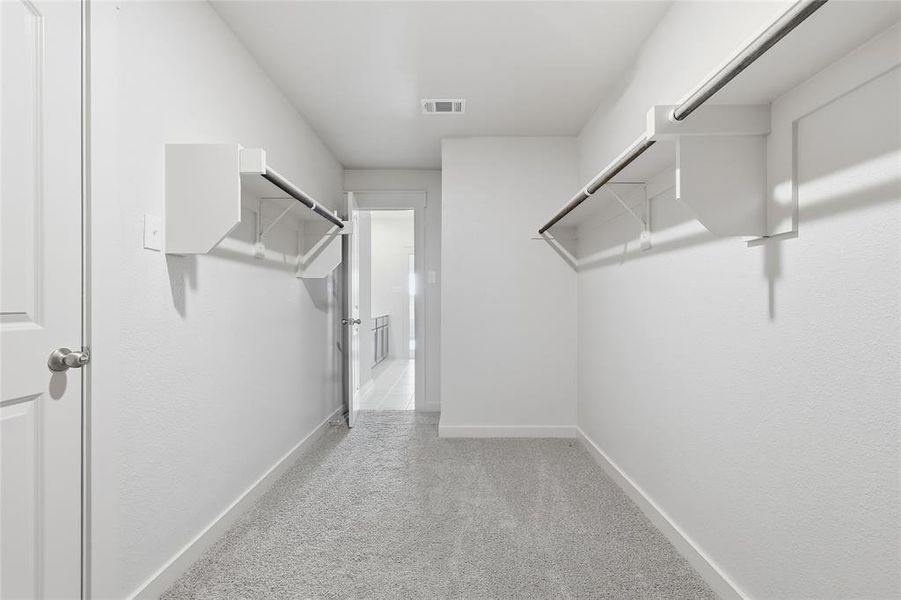 Walk in closet featuring light carpet