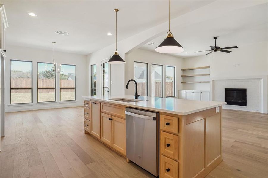 Kitchen with dishwasher, light wood-type flooring, plenty of natural light, and a kitchen island with sink