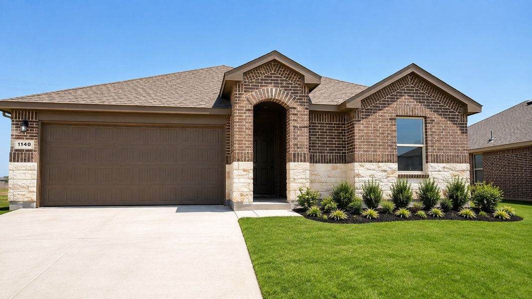 Front exterior of a new home in Bella Vista, Granbury, TX, highlighting curb appeal (Image 1). Front exterior of a new home in Bella Vista, Granbury, TX, highlighting curb appeal (Image 1).