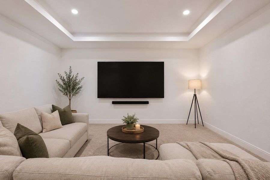 Media room with recessed lighting Photo has been virtually altered to help viewer with perspective