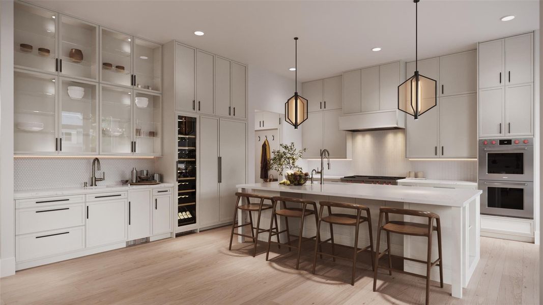 Fabulous Wet-Bar with a JennAir Panel Ready Ice Maker, Slab Quartz Counter, Tile Backsplash, Undermount Bar Sink with Single Lever Pull-Down Faucet, and Under-Cabinet Lighting. Glass Fronted Cabinet Doors with Glass Shelving and lighting to display Glasses and Barware. **This is an artists rendering and are subject to changes anytime during construction**