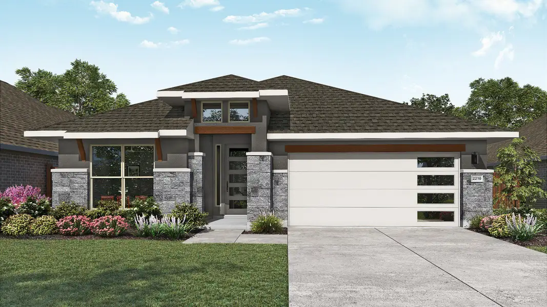 Representative exterior photo of a completed home built from the Oleander by DRB Homes in Parkside on the River, Georgetown, TX (Image 7). Representative exterior photo of a completed home built from the Oleander by DRB Homes in Parkside on the River, Georgetown, TX (Image 7).