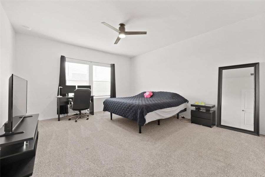 Your private sanctuary! This expansive primary bedroom is a true retreat, featuring plush carpeting, a cooling ceiling fan, and enough space for a king-sized bed plus a full executive home office setup.