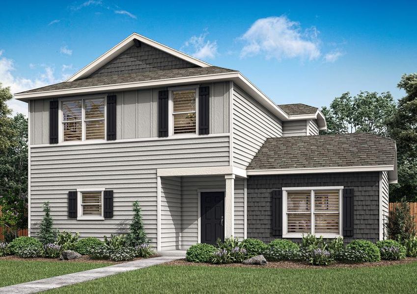 The Reynard has light gray siding and dark gray shake siding.