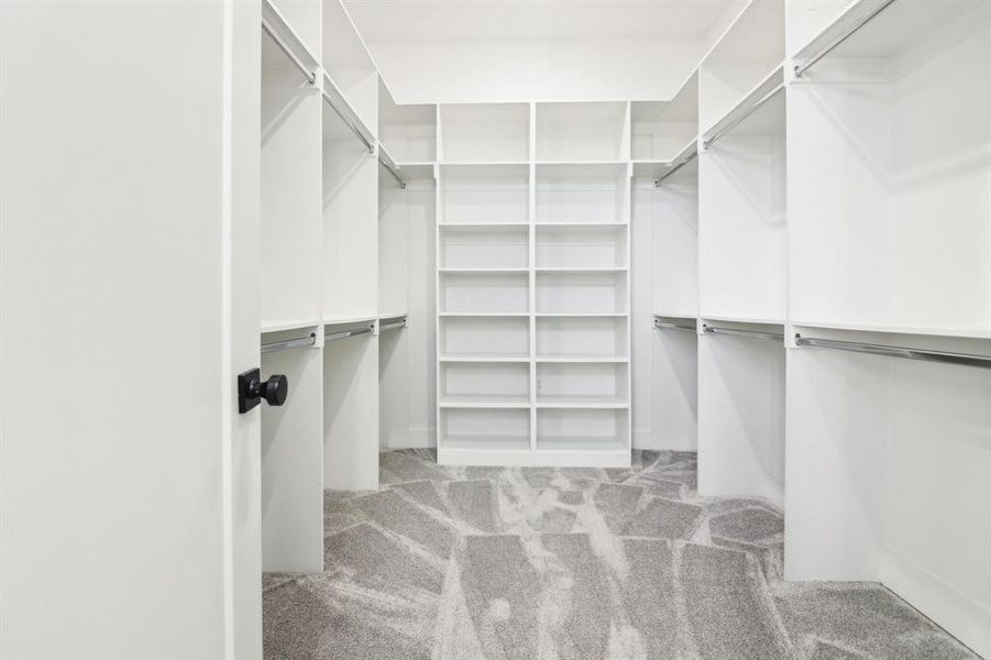 Walk in closet featuring light carpet