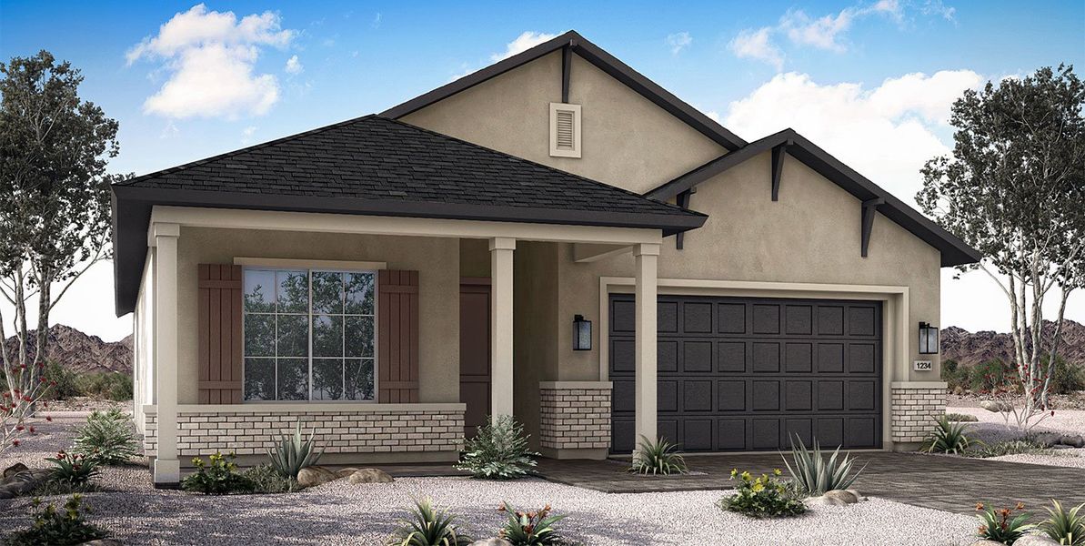 Front exterior of a new home in Horizon at The Dells, Prescott, AZ, highlighting curb appeal (Image 2).