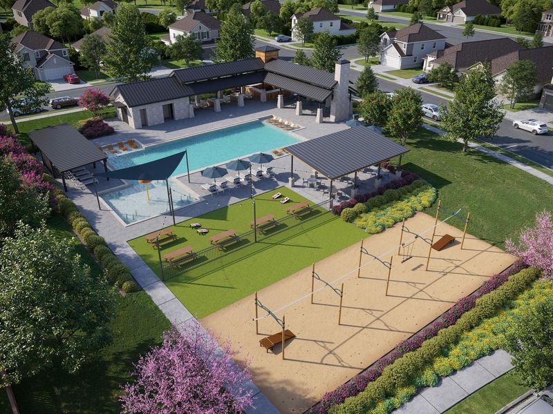 An inviting community hub features a sparkling pool, shaded cabanas, and a sand volleyball court for active recreation. An inviting community hub features a sparkling pool, shaded cabanas, and a sand volleyball court for active recreation.