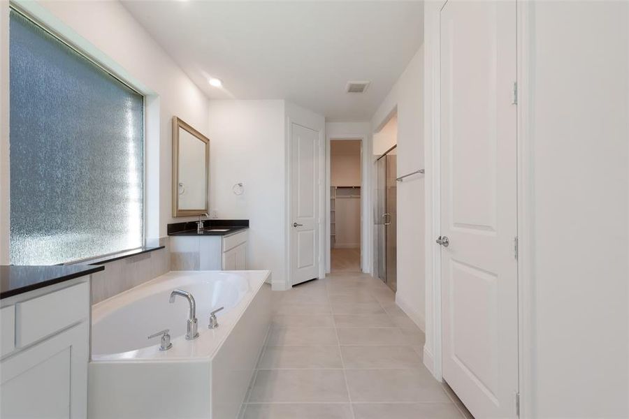 Bathroom featuring tile patterned floors, vanity, and a bathing tub