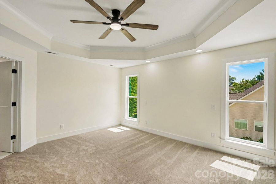 Primary suite with trey ceiling and crown molding Primary suite with trey ceiling and crown molding