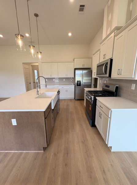 Open-concept kitchen featuring an expansive island with a farm sink, wood-finish flooring, white cabinetry, stainless steel appliances, and a tiled backsplash