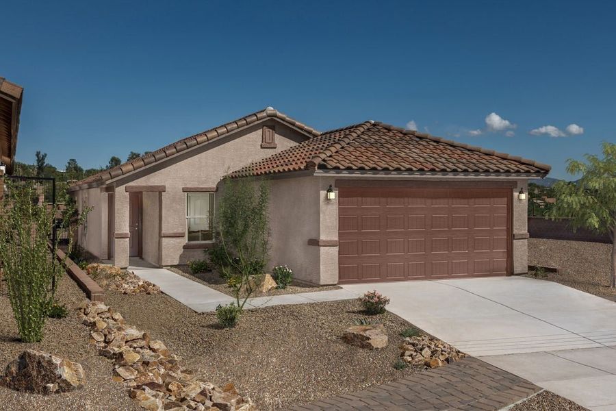 Representative exterior photo of a completed home built from the Plan 1465 by KB Home in Entrada Del Toro at Rancho Sahuarita, Sahuarita, AZ (Image 5). Representative exterior photo of a completed home built from the Plan 1465 by KB Home in Entrada Del Toro at Rancho Sahuarita, Sahuarita, AZ (Image 5).