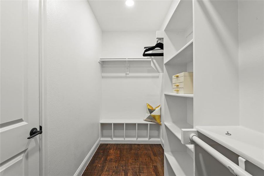 Walk in closet with dark wood-type flooring