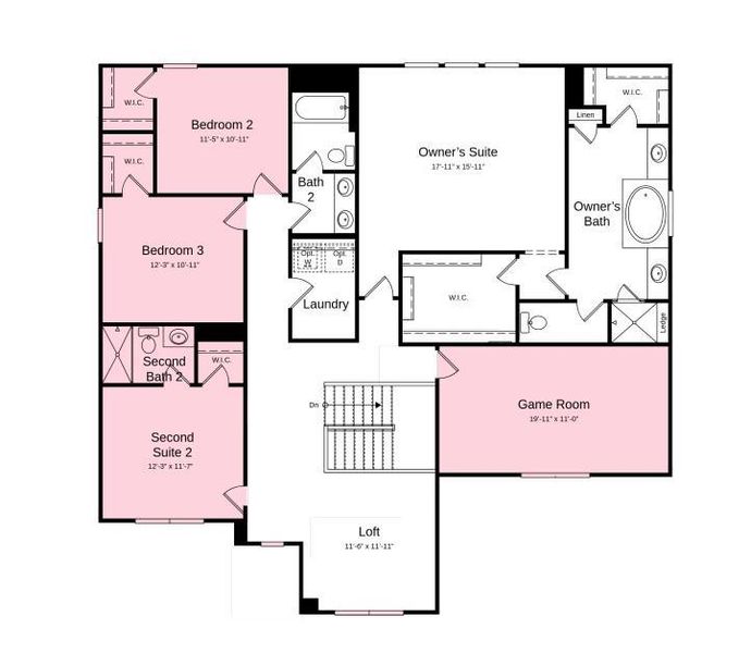 Second Floor Plan - Structural options added include: second bedroom suite in place of tandem garage, study in place of flex, covered outdoor living, second bedroom suite in place of bedroom, and game room Second Floor Plan - Structural options added include: second bedroom suite in place of tandem garage, study in place of flex, covered outdoor living, second bedroom suite in place of bedroom, and game room