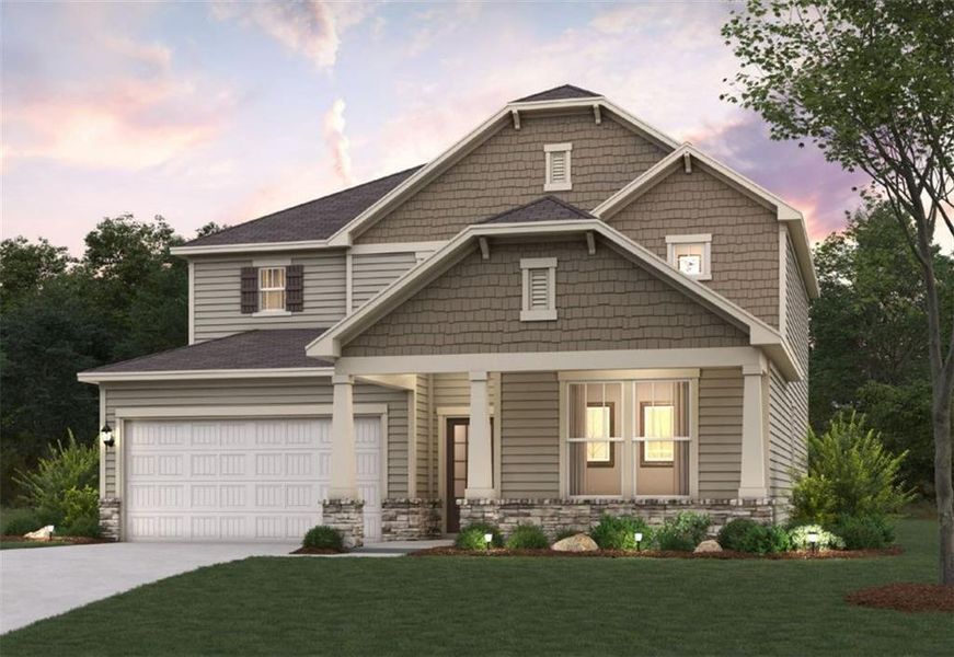 Front exterior of a new home in Belleview Manor, Fairburn, GA, highlighting curb appeal (Image 2). Front exterior of a new home in Belleview Manor, Fairburn, GA, highlighting curb appeal (Image 2).
