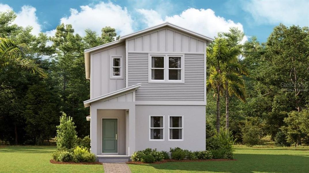 Front exterior of a new home in Wellness Ridge: Cottage Collection, Clermont, FL, highlighting curb appeal (Image 1).