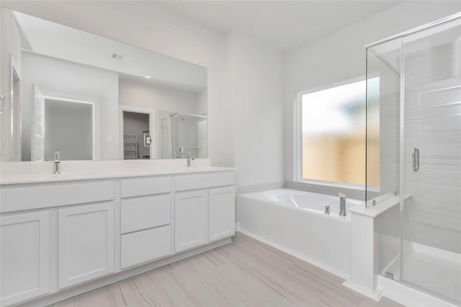 Immerse yourself in a luxurious retreat within the confines of your main bathroom. Sample photo of completed home with similar floor plan. As-built interior colors and selections may vary