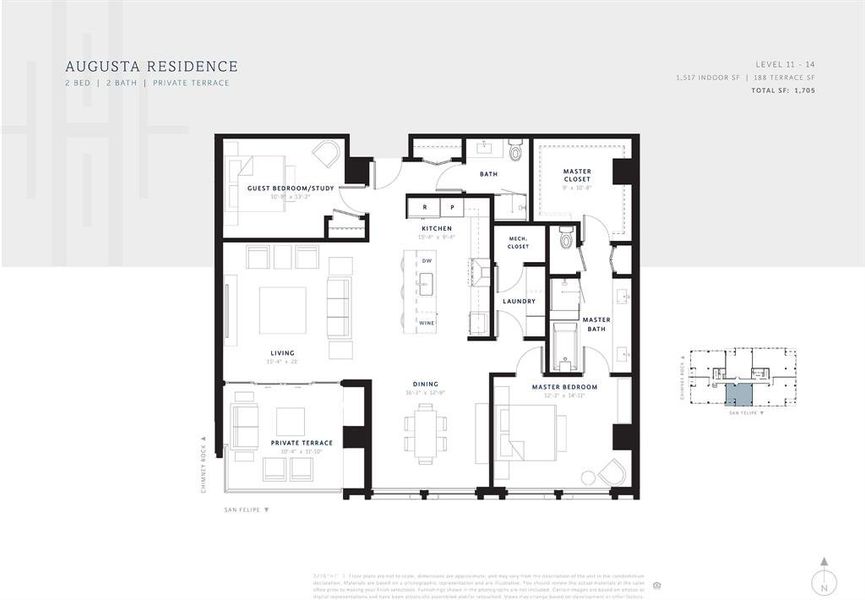 The Augusta plan provides over 1700 square feet of space & functionality and offers south-facing views into Houston's Galleria shopping district. This residencefeatures 10' ceilings, 5" wide plank flooring, double glazed commercial grade low E windows, solid core two-panel styled interior doors with lever style satin-nickel finish door hardware, recessed LED lighting, Thermador cooking appliances with a Sub-Zero integrated refrigerator, and Kohler plumbing fixtures and hardware.