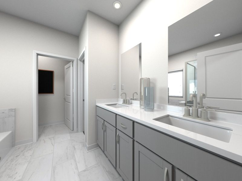 The primary bathroom offers dual vanity sinks and a walk-in shower.