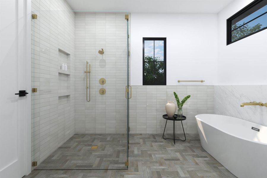 Bathroom with tile walls, parquet floors, and independent shower and bath