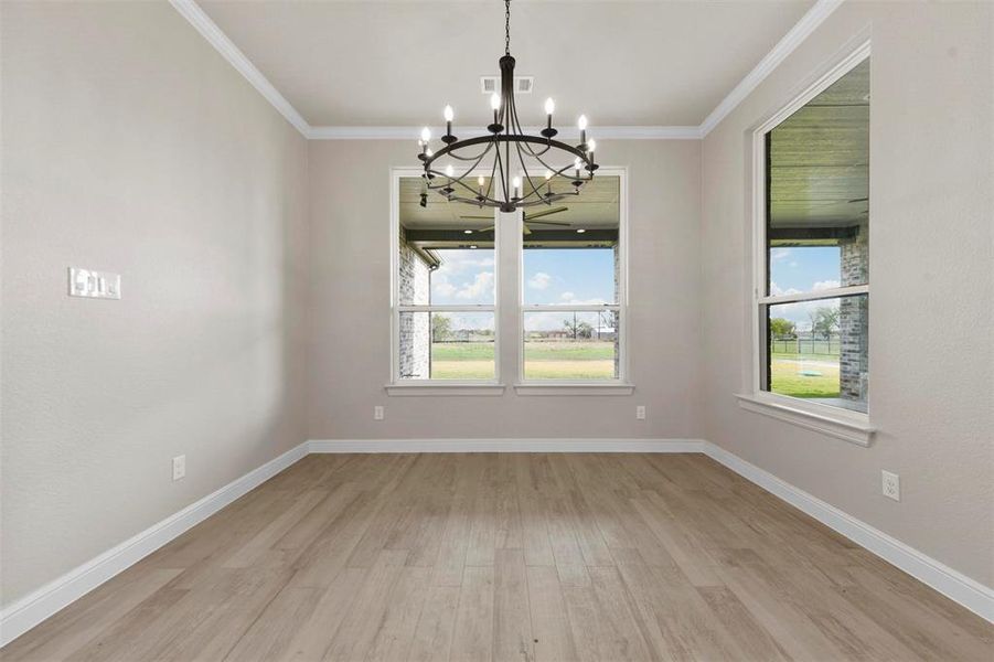 Unfurnished dining area featuring plenty of natural light, light hardwood / wood-style floors, and ornamental molding