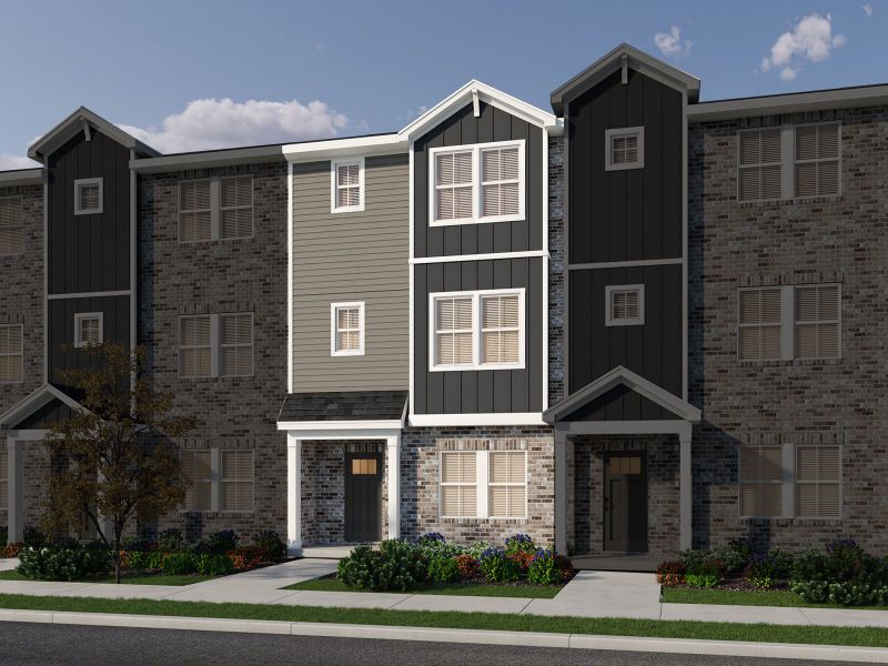 Front exterior of a new home in Greystone - Highland Townhomes, Smyrna, TN, highlighting curb appeal (Image 1).