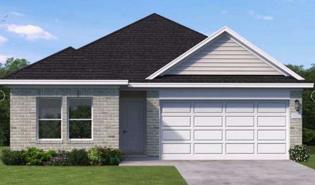 Front exterior of a new home in Cypress Green, Hockley, TX, highlighting curb appeal (Image 1). Front exterior of a new home in Cypress Green, Hockley, TX, highlighting curb appeal (Image 1).