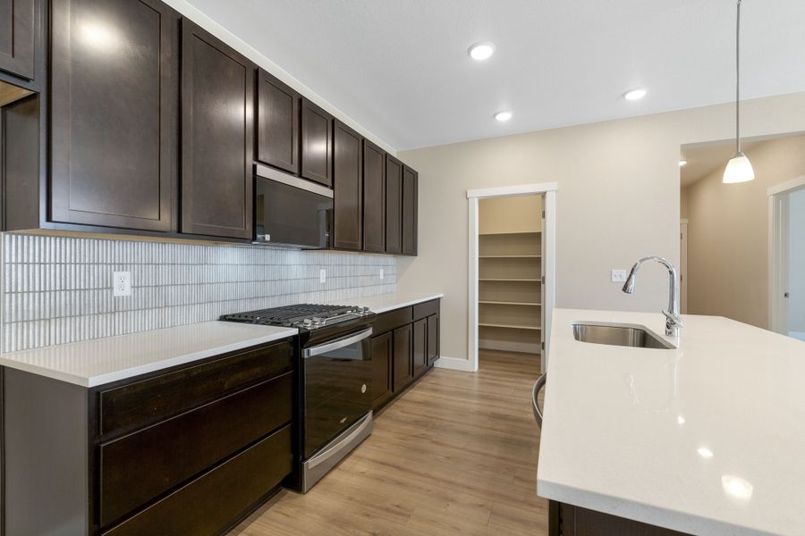 Experience luxury in this single-family home's kitchen, featuring sleek design and modern architecture. (114 characters)