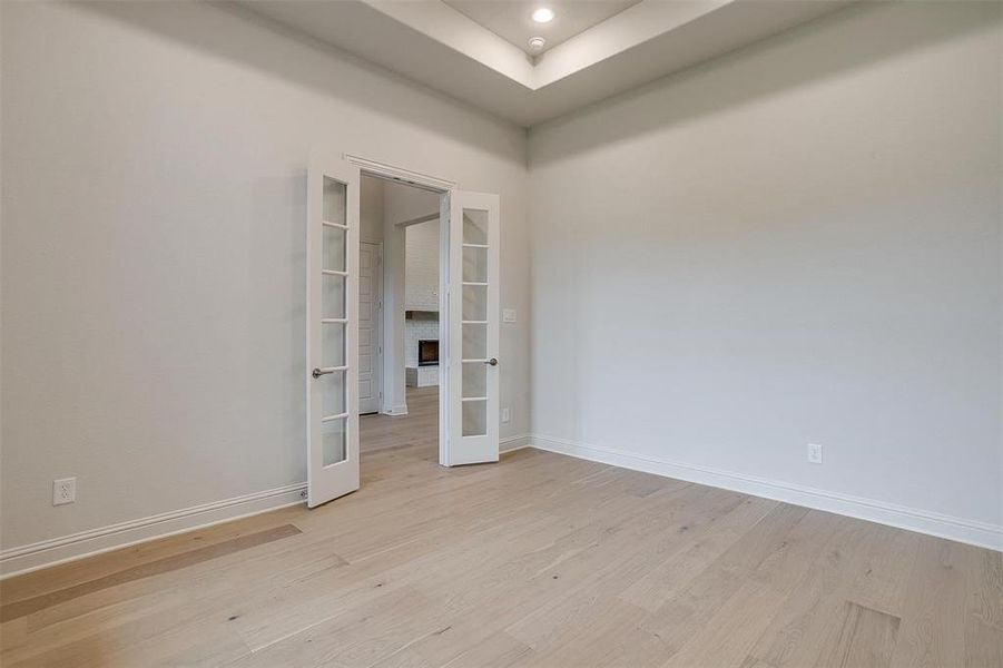 Spare room featuring french doors, light hardwood / wood-style floors, and a raised ceiling