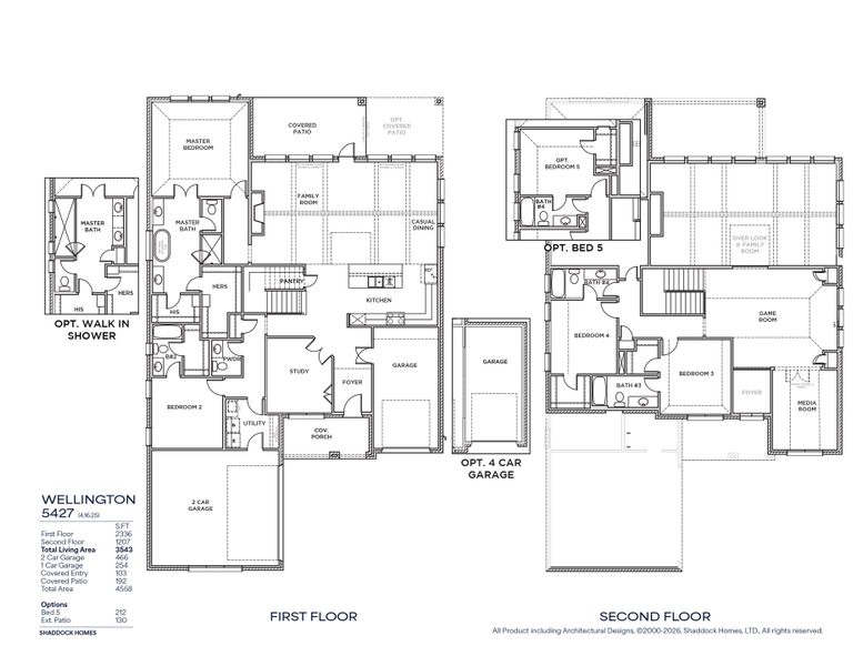 2D floor plan layout for the Wellington - 5427 by Shaddock Homes in The Homestead - 72', Rockwall, TX (Image 3).