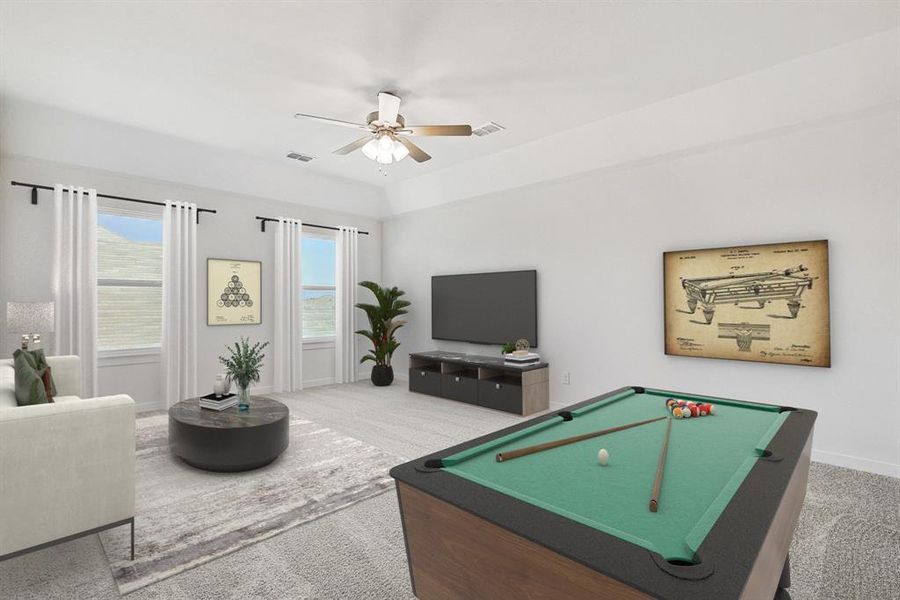 Rec room with billiards, carpet flooring, and ceiling fan