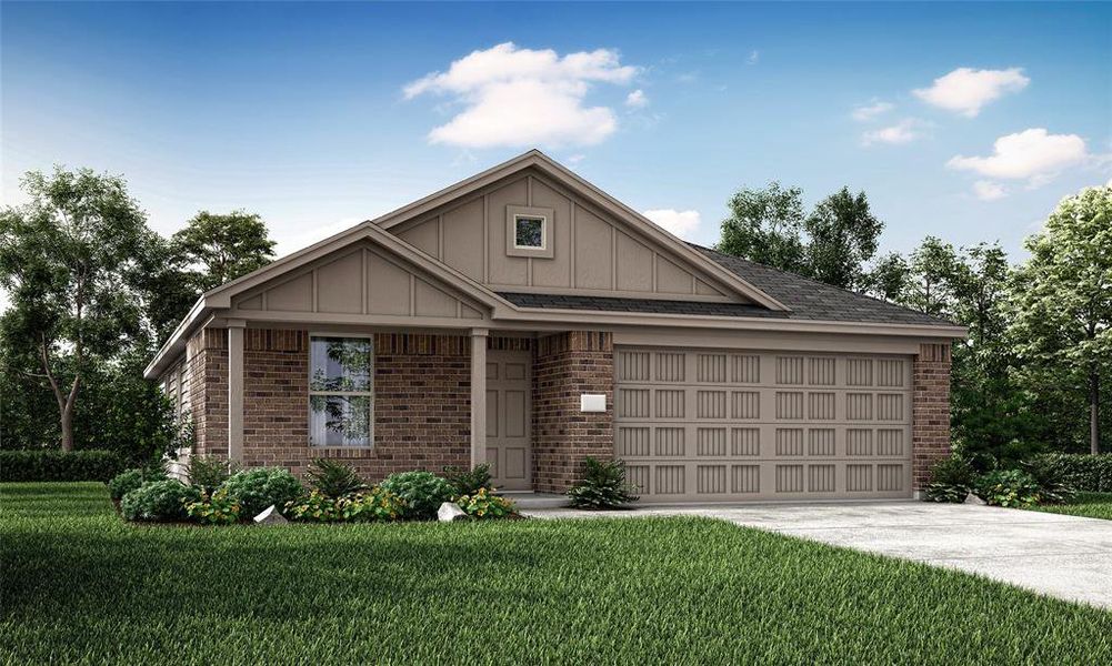 View of front facade with a garage and a front lawn