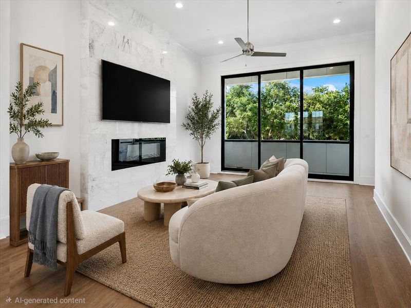 Spacious living area featuring a full-height stone-clad fireplace with an integrated linear firebox Spacious living area featuring a full-height stone-clad fireplace with an integrated linear firebox