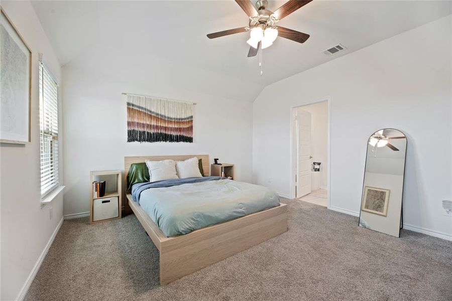 Bedroom featuring lofted ceiling, carpet, a ceiling fan, and connected bathroom