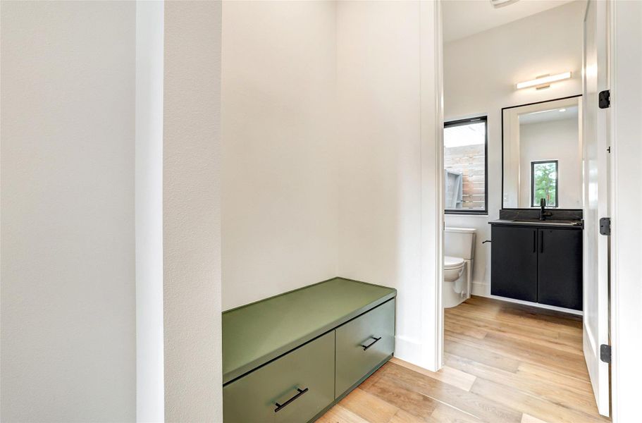 Bathroom with wood finished floors and vanity Bathroom with wood finished floors and vanity