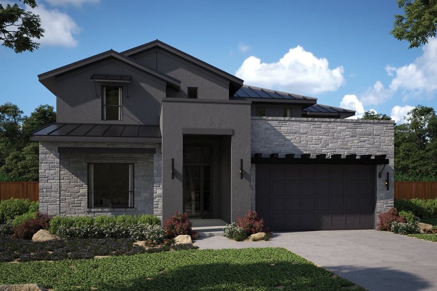 Front exterior of a new home in Milky Way at River Place, Austin, TX, highlighting curb appeal (Image 1). Front exterior of a new home in Milky Way at River Place, Austin, TX, highlighting curb appeal (Image 1).
