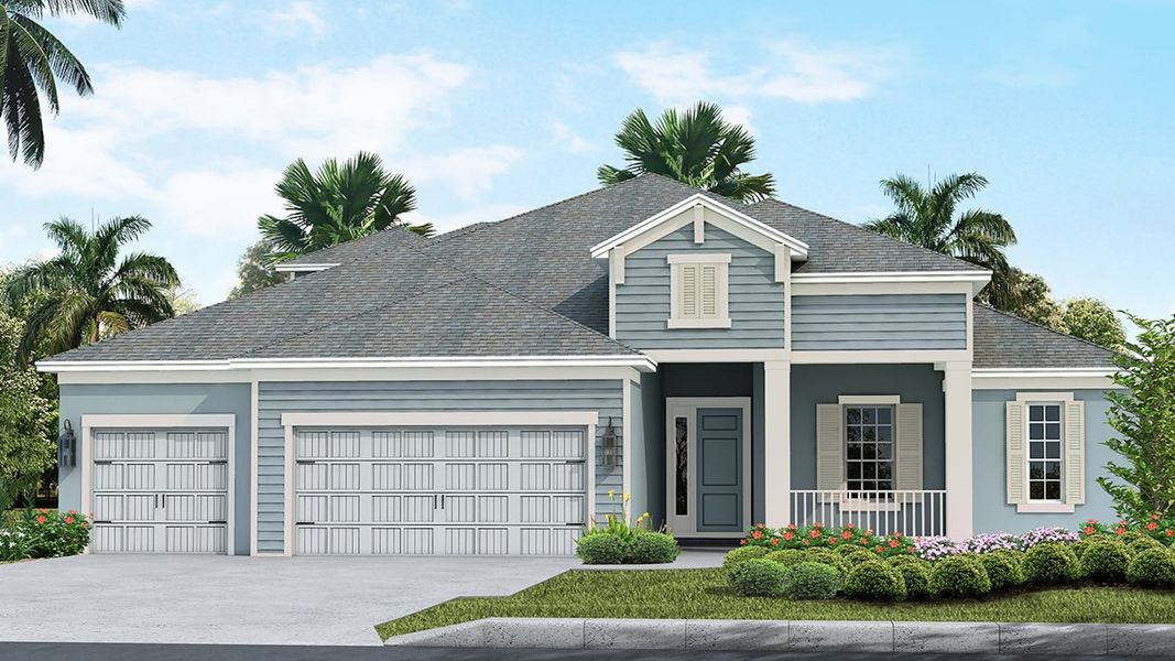 Front exterior of a new home in Canoe Creek Real Estate and Homes for Sale in Parrish, FL - Neal Communities, Parrish, FL, highlighting curb appeal (Image 27).