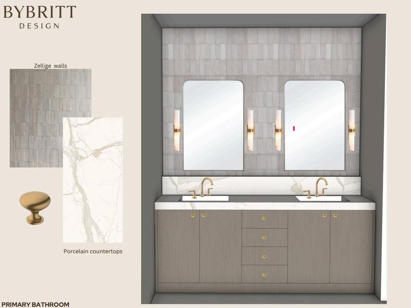 Dual vanity with integrated sinks, porcelain countertops, and Zellige-style wall tile