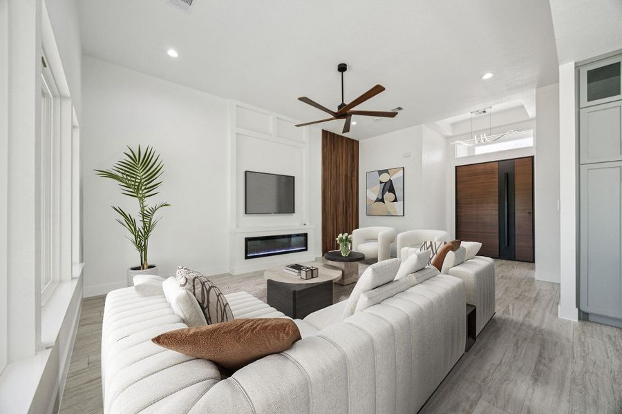 Look at all the space you have! The wood slats add warmth to the home plus a fun secret hides behind the wall. Virtually staged Look at all the space you have! The wood slats add warmth to the home plus a fun secret hides behind the wall. Virtually staged