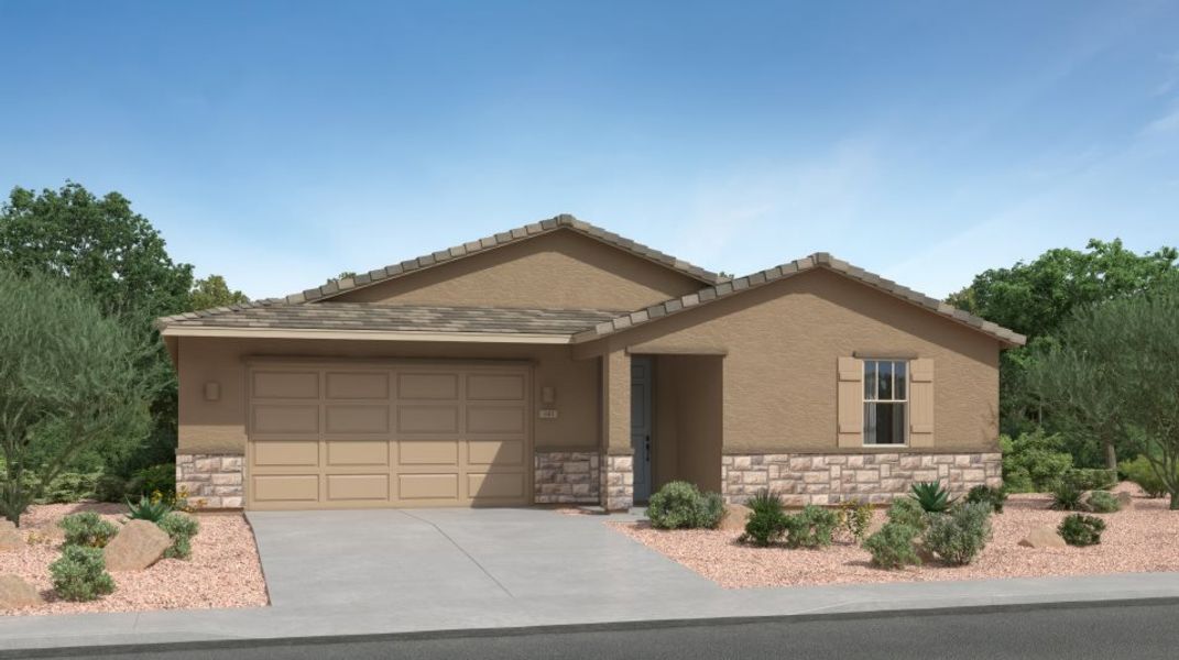 Front exterior of a new home in Mountain View at Rocking K: Mountain View Inspiration, Vail, AZ, highlighting curb appeal (Image 1).