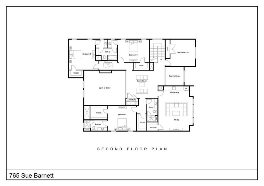 This is a second floor plan featuring four bedrooms, including one ensuite. It has two additional bathrooms, a kitchenette, media room, game room, and flex/bedroom space. There are open areas overlooking below, along with ample closet and storage space.